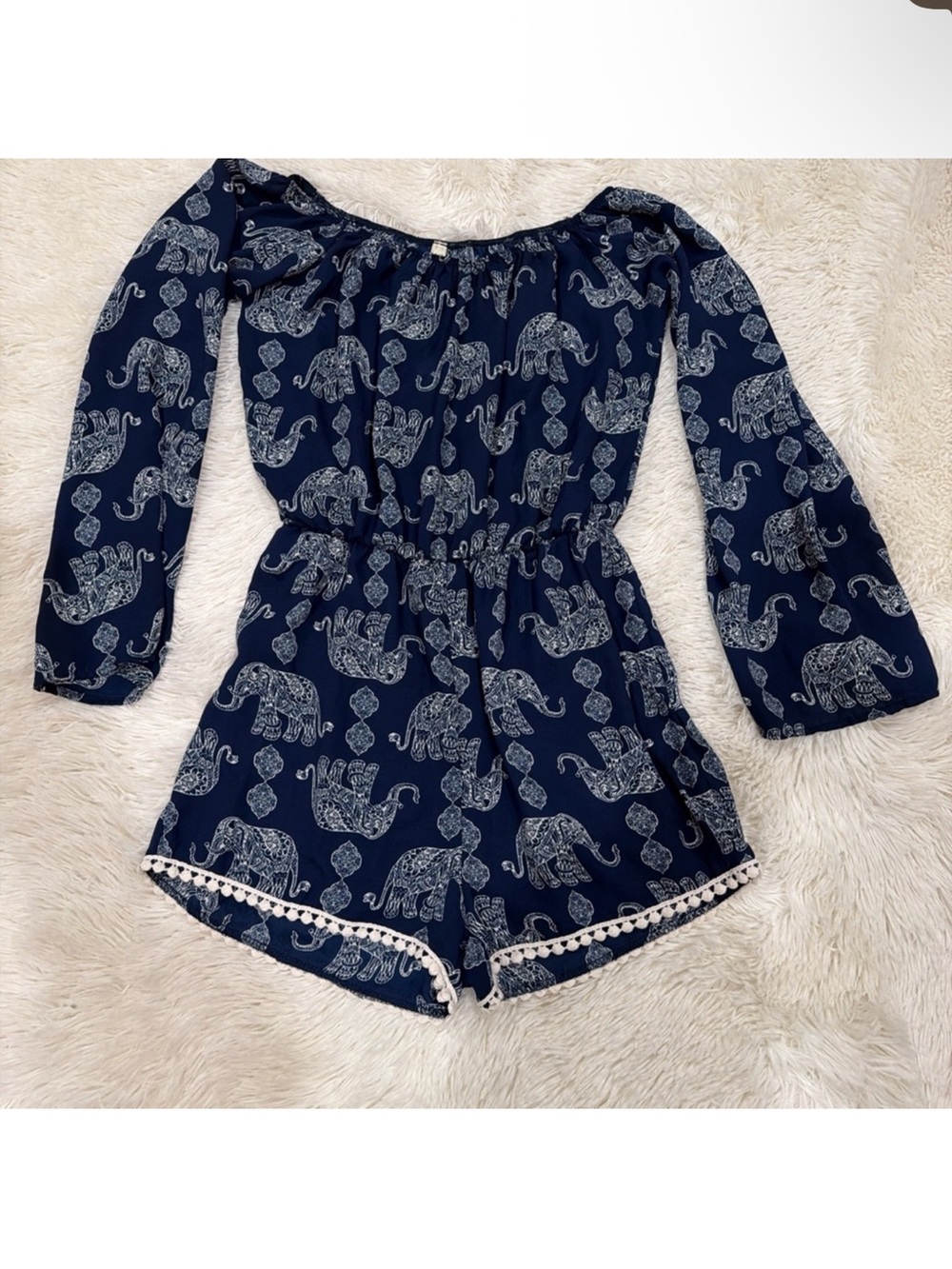Navy Elephant Print Off-Shoulder Romper Shorts
